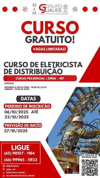 GRUPO JALES OFERECE CURSO GRATUITO DE ELETRICISTA DE DISTRIBUIÇÃO EM JUÍNA