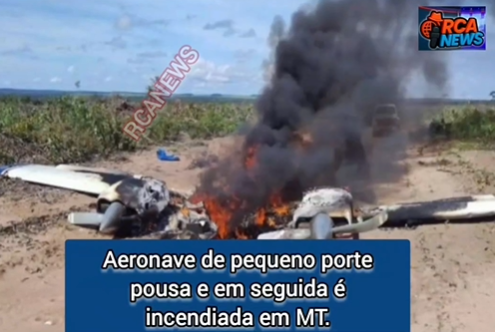 Uma aeronave de pequeno porte foi encontrada completamente destruída após um incêndio na zona rural do município de Brasnorte